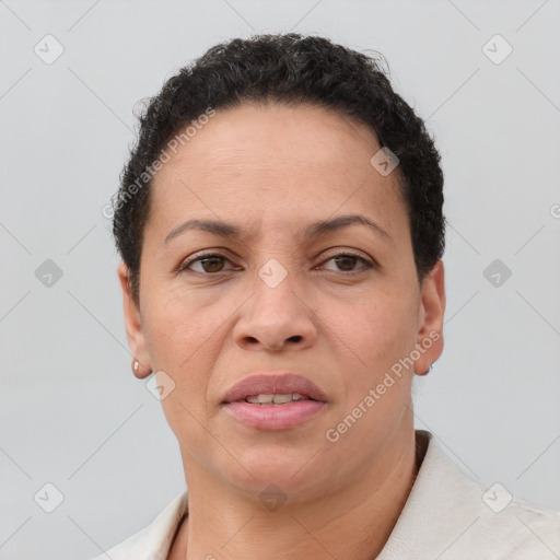 Neutral white adult female with short  brown hair and brown eyes