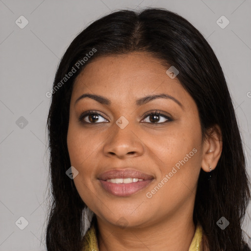 Joyful latino young-adult female with long  brown hair and brown eyes