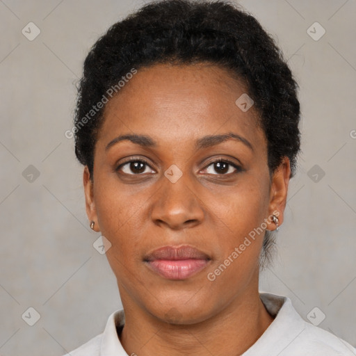 Neutral black young-adult female with short  black hair and brown eyes