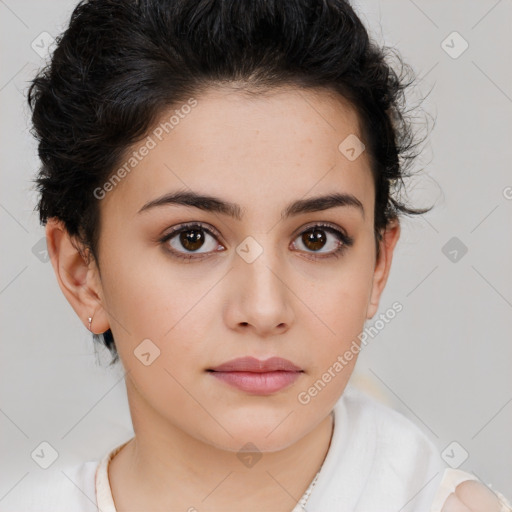 Neutral white young-adult female with short  brown hair and brown eyes