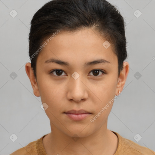 Neutral white young-adult female with short  brown hair and brown eyes