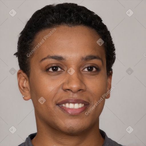 Joyful latino young-adult female with short  brown hair and brown eyes