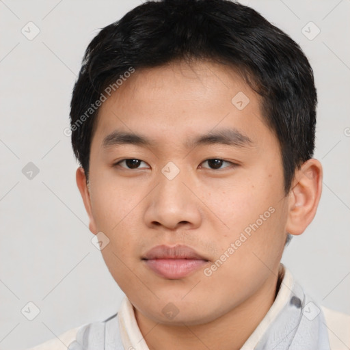 Neutral asian young-adult male with short  brown hair and brown eyes