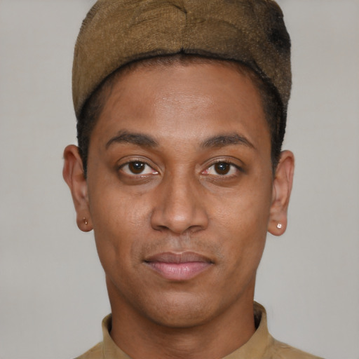 Neutral latino young-adult male with short  brown hair and brown eyes