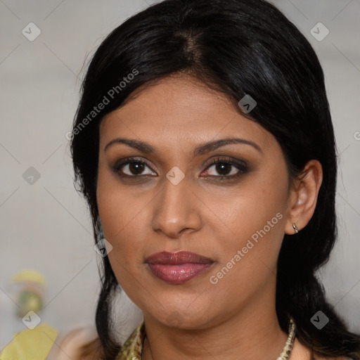 Joyful asian young-adult female with medium  black hair and brown eyes