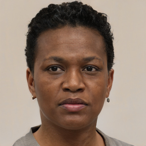 Neutral black young-adult female with short  black hair and brown eyes