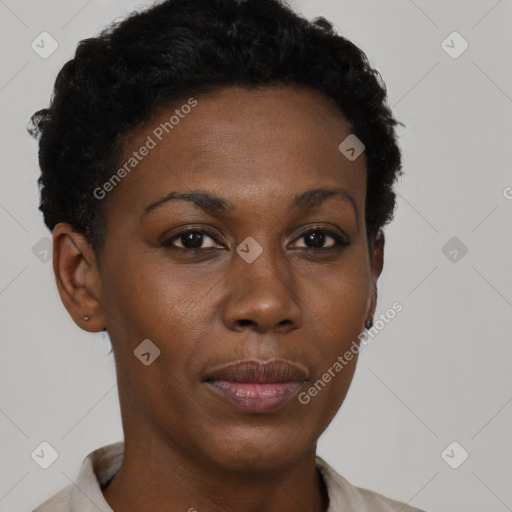 Neutral black young-adult female with short  black hair and brown eyes