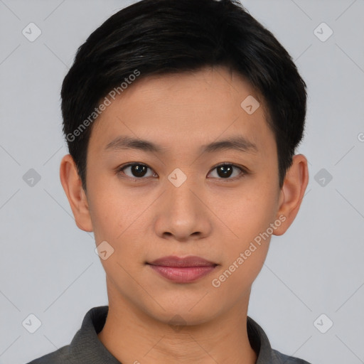 Neutral asian young-adult male with short  black hair and brown eyes