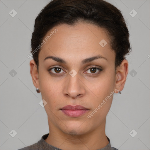 Neutral white young-adult female with short  brown hair and brown eyes