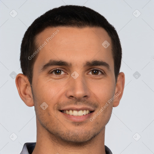 Joyful white young-adult male with short  brown hair and brown eyes