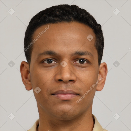 Neutral latino young-adult male with short  black hair and brown eyes
