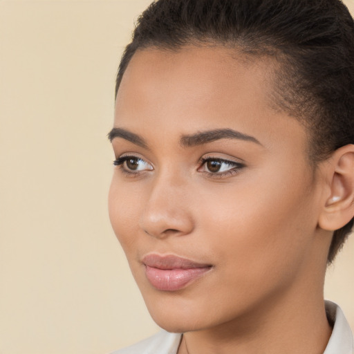 Neutral latino young-adult female with short  brown hair and brown eyes