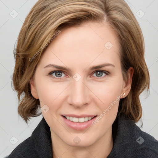 Joyful white young-adult female with medium  brown hair and blue eyes