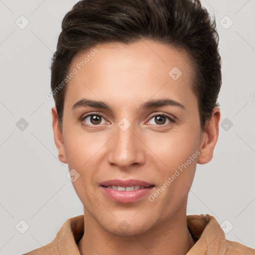 Joyful white young-adult female with short  brown hair and brown eyes