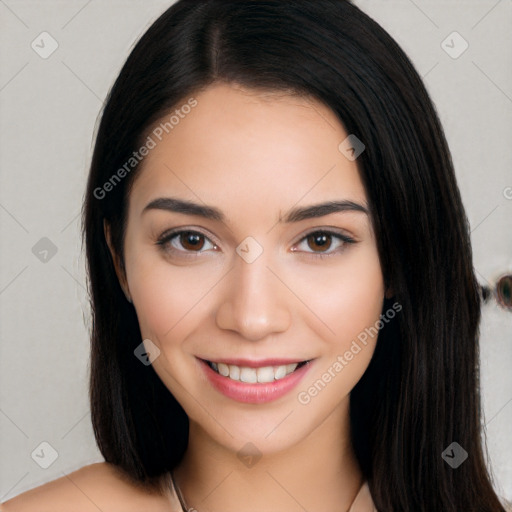 Joyful white young-adult female with long  black hair and brown eyes