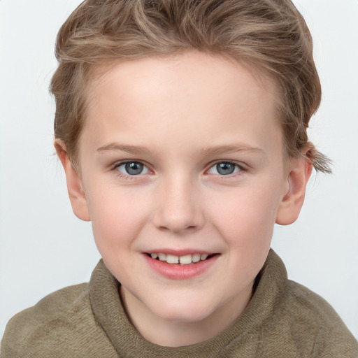 Joyful white child female with short  brown hair and grey eyes