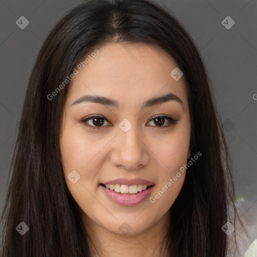 Joyful white young-adult female with long  brown hair and brown eyes