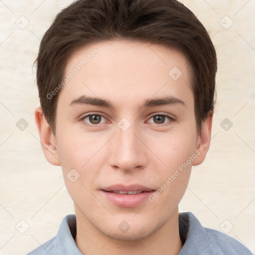 Neutral white young-adult male with short  brown hair and brown eyes