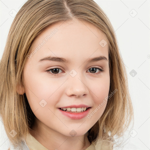 Joyful white child female with medium  brown hair and brown eyes