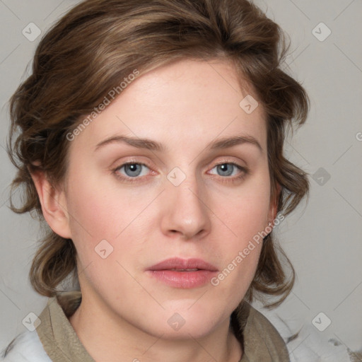 Neutral white young-adult female with medium  brown hair and blue eyes