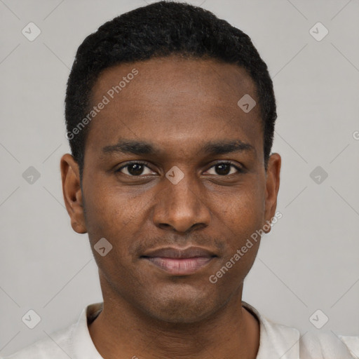 Neutral black young-adult male with short  black hair and brown eyes