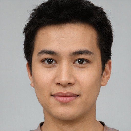 Neutral asian young-adult male with short  brown hair and brown eyes