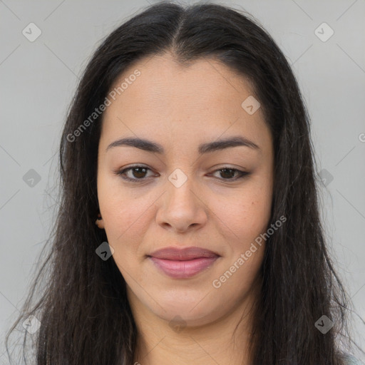 Joyful asian young-adult female with long  brown hair and brown eyes