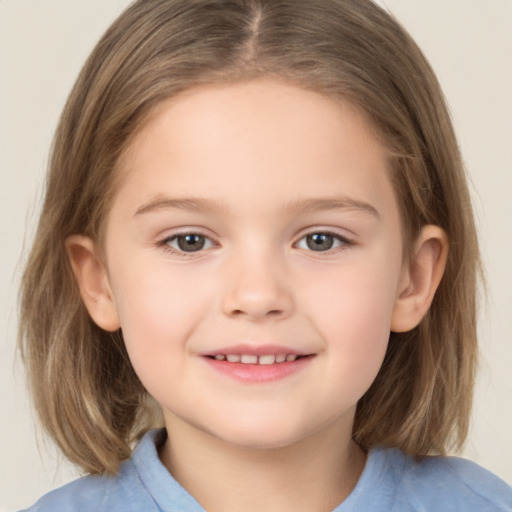 Joyful white child female with medium  brown hair and brown eyes