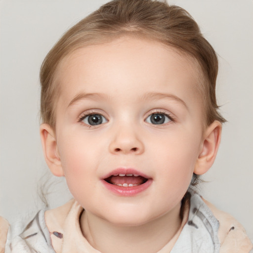 Joyful white child female with medium  brown hair and blue eyes