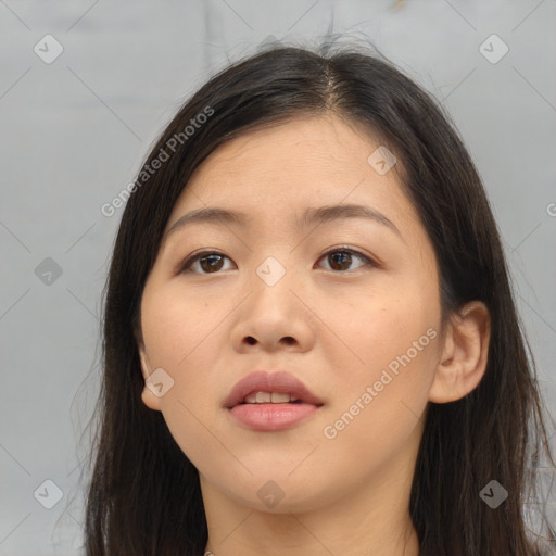 Neutral asian young-adult female with long  brown hair and brown eyes