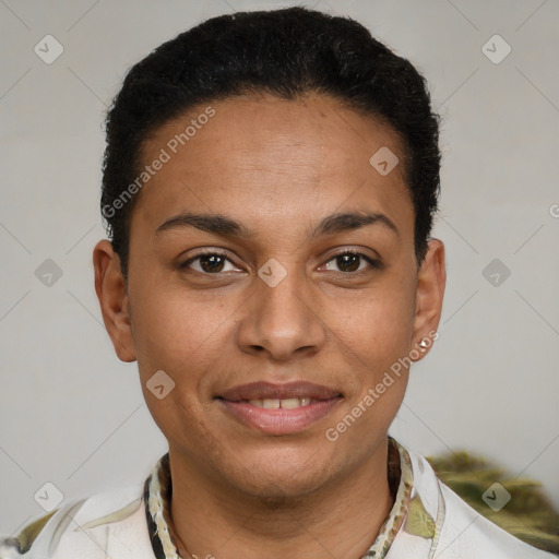 Joyful latino young-adult female with short  brown hair and brown eyes