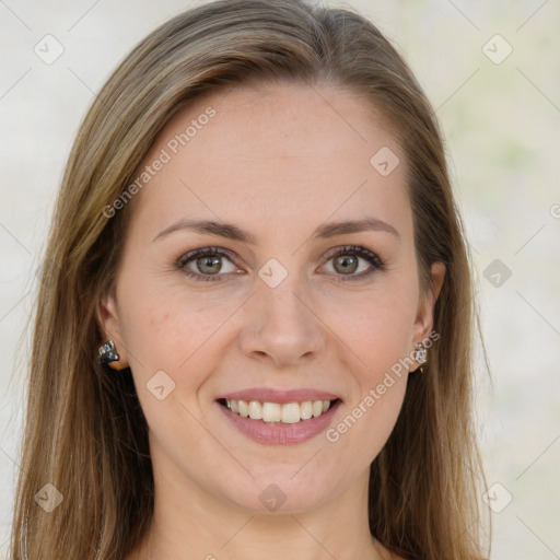 Joyful white young-adult female with long  brown hair and green eyes