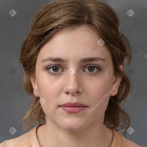 Neutral white young-adult female with medium  brown hair and brown eyes