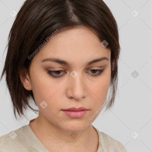 Neutral white young-adult female with medium  brown hair and brown eyes