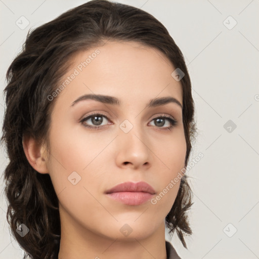 Neutral white young-adult female with medium  brown hair and brown eyes