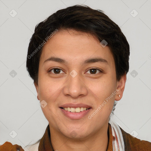 Joyful white young-adult female with short  brown hair and brown eyes