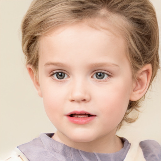 Neutral white child female with medium  brown hair and grey eyes