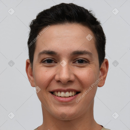 Joyful white young-adult female with short  brown hair and brown eyes