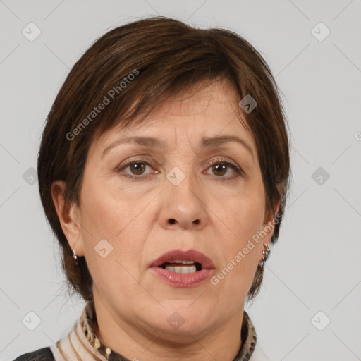 Joyful white adult female with medium  brown hair and brown eyes