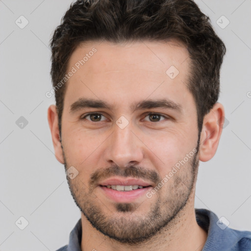 Joyful white young-adult male with short  black hair and brown eyes