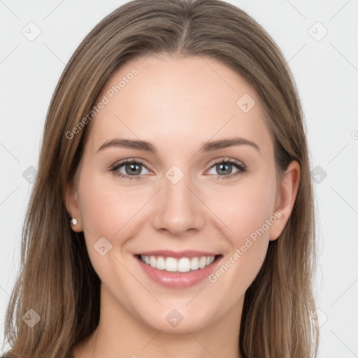 Joyful white young-adult female with long  brown hair and grey eyes