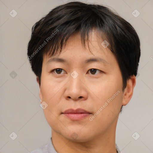 Joyful asian adult female with short  brown hair and brown eyes