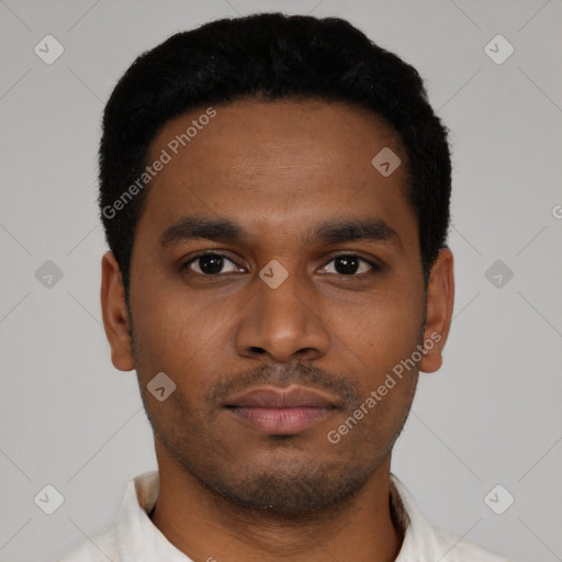 Neutral latino young-adult male with short  black hair and brown eyes