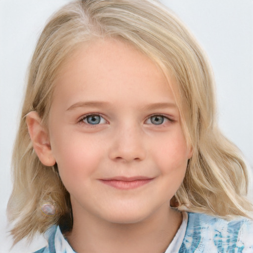 Joyful white child female with medium  blond hair and blue eyes