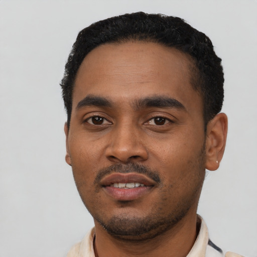 Neutral latino young-adult male with short  black hair and brown eyes