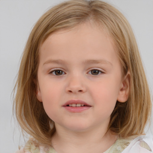 Neutral white child female with medium  brown hair and blue eyes