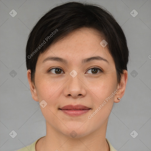 Joyful asian young-adult female with short  brown hair and brown eyes