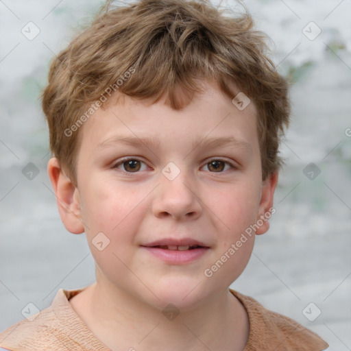 Joyful white child male with short  brown hair and grey eyes