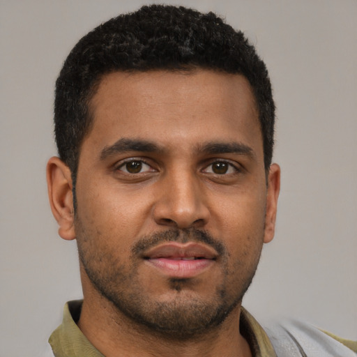 Neutral black young-adult male with short  brown hair and brown eyes