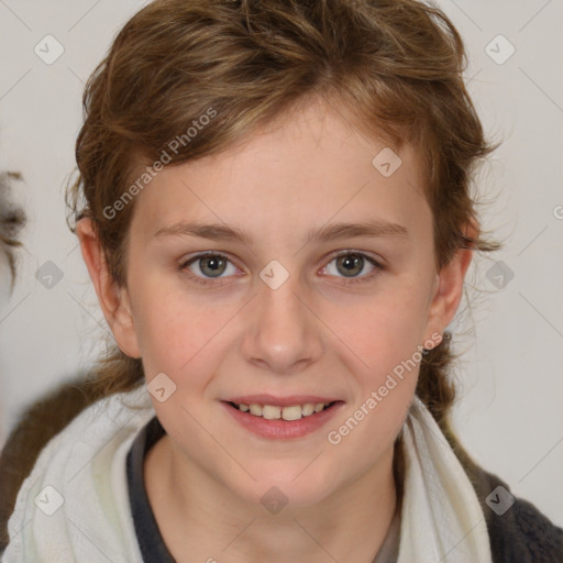 Joyful white child female with medium  brown hair and brown eyes